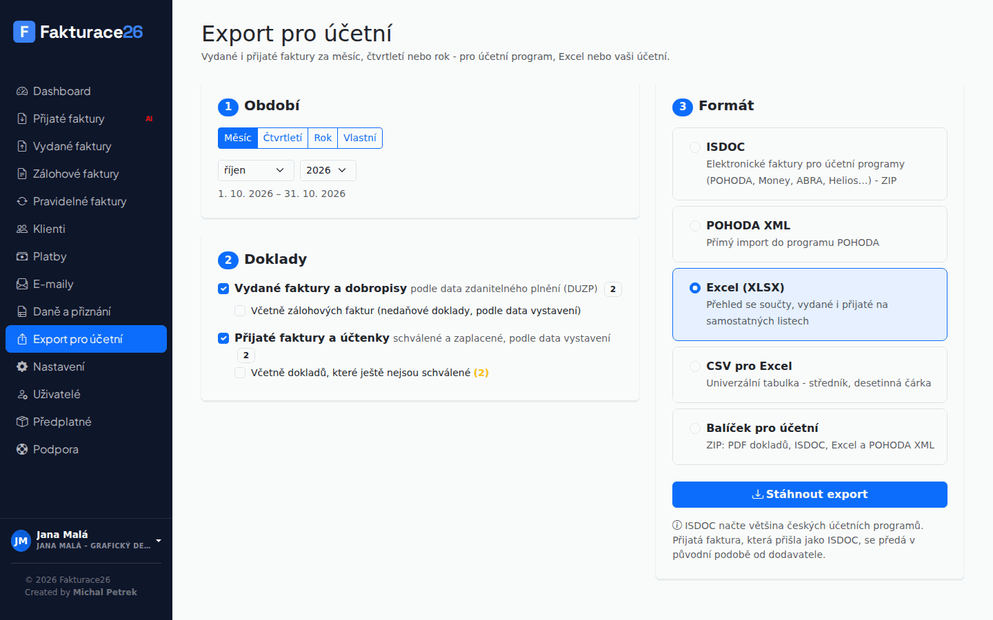Export pro účetní ve Fakturace26 – výběr období, dokladů a formátu ISDOC, POHODA, Excel