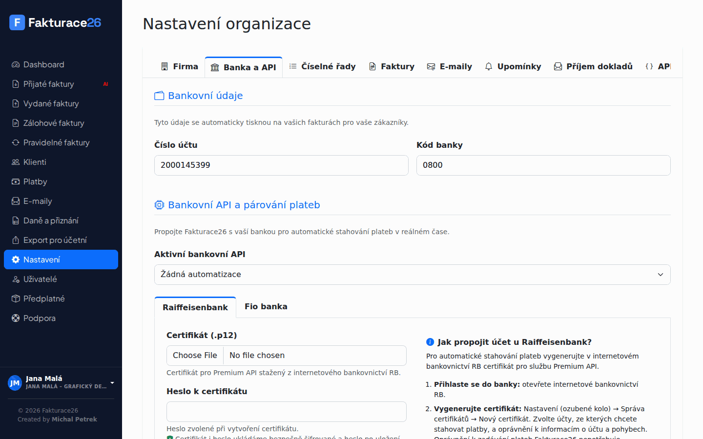 Nastavení propojení banky ve Fakturace26 – Raiffeisenbank a Fio banka