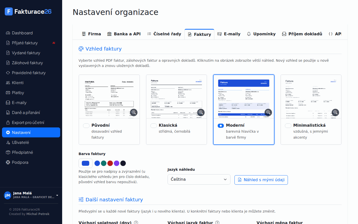 Nastavení vzhledu faktury ve Fakturace26: čtyři vzhledy, barva a výchozí hodnoty faktury