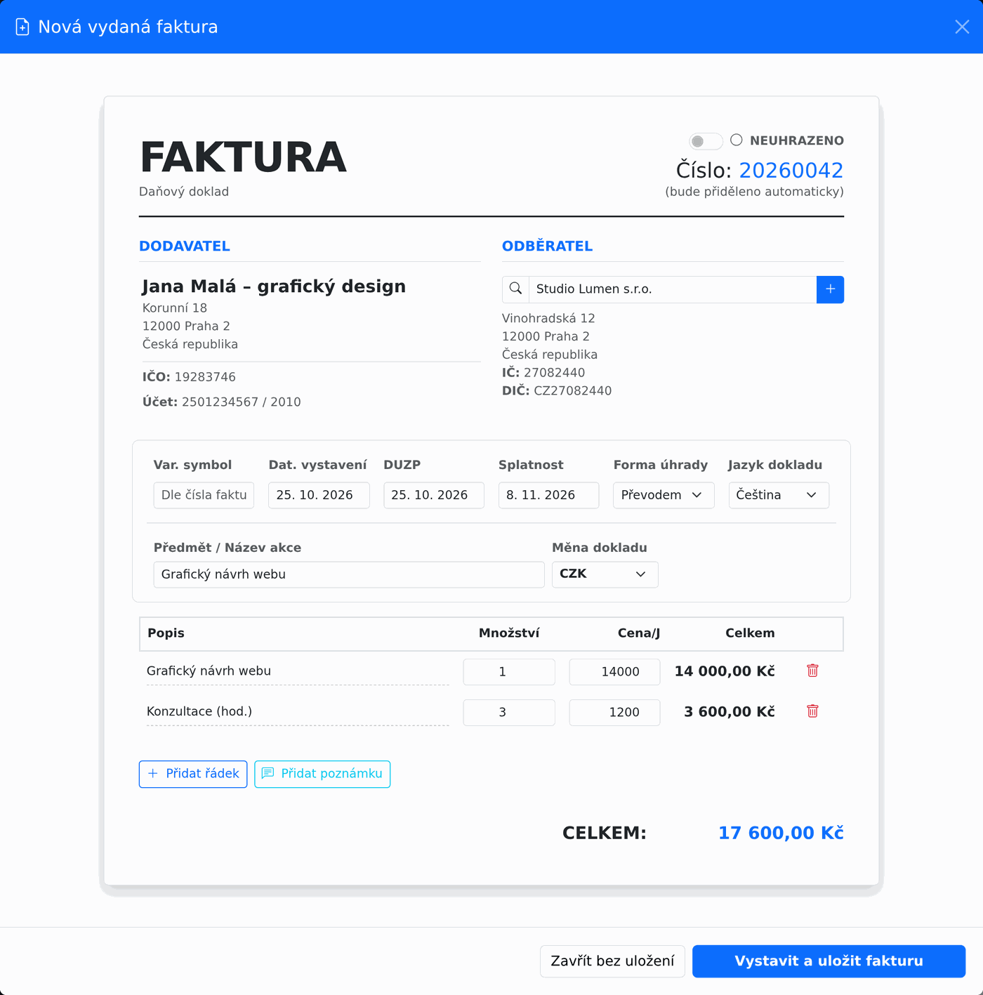 Okno Nová faktura v aplikaci Fakturace26 s odběratelem, daty, položkami a souhrnem
