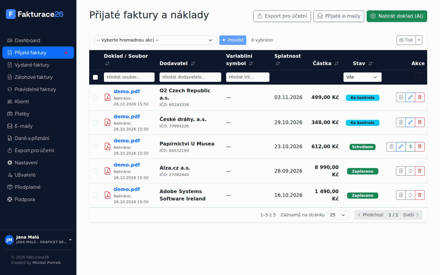 Seznam přijatých faktur ve Fakturace26 se stavy Ke kontrole, Schváleno a Zaplaceno