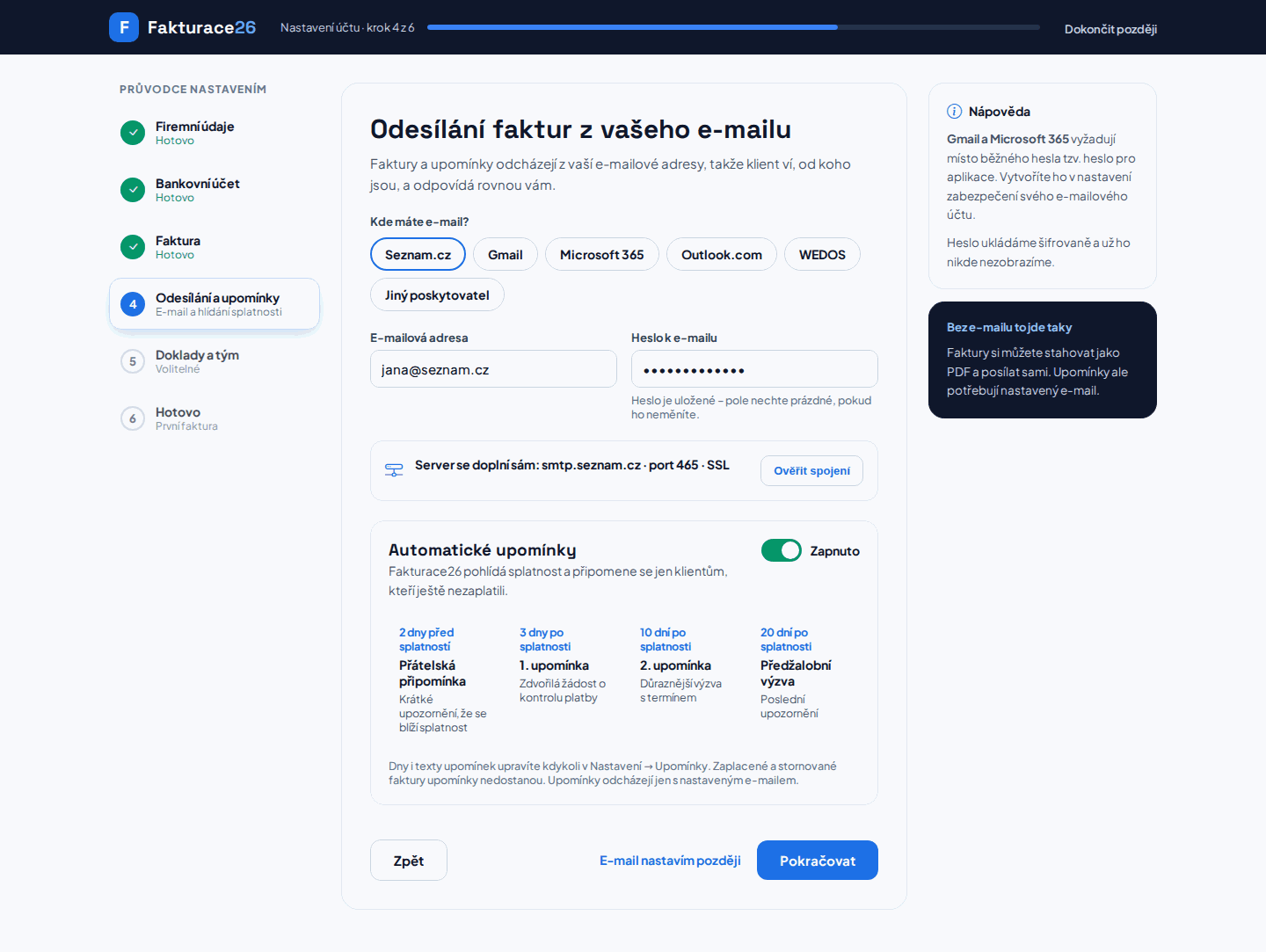 Nastavení odesílání faktur e-mailem s výběrem poskytovatele Seznam, Gmail, Microsoft 365 a WEDOS