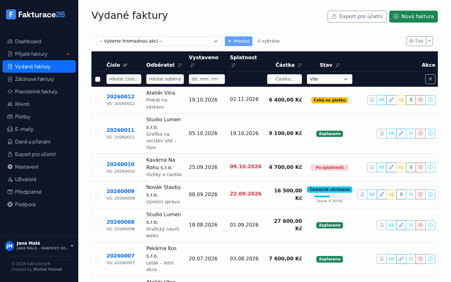 Seznam vydaných faktur ve Fakturace26 se stavy Zaplaceno, Po splatnosti a Částečně uhrazeno